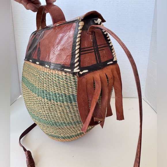 Vintage Boho Woven Tooled Leather Tote Beach Jute Bag Purse - Picture 6 of 12